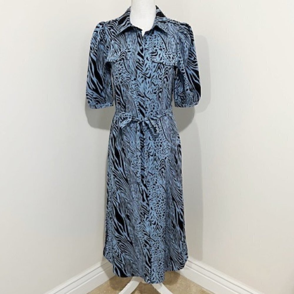Sugar Lips Blue & Black Button Down Belted Midi Shirt Dress Size S